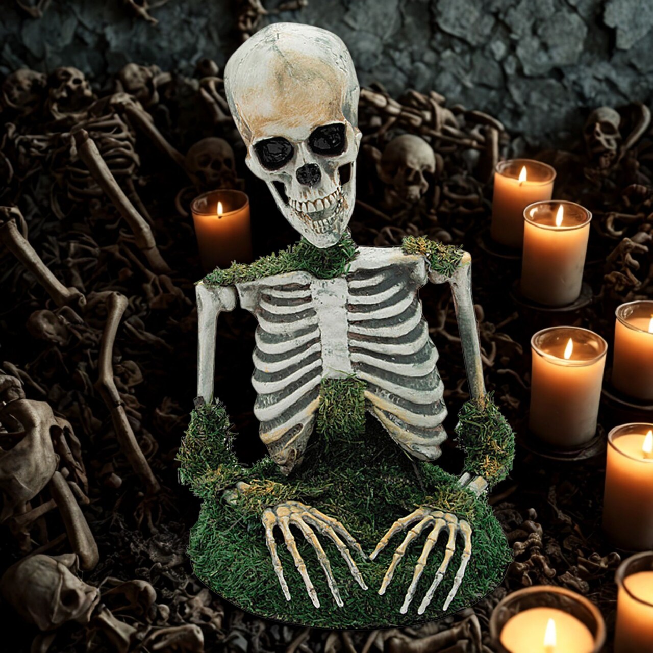 Animated Mossy Skeleton Tabletop Halloween Decoration Spooky Party Centerpiece Creepy Home Accent